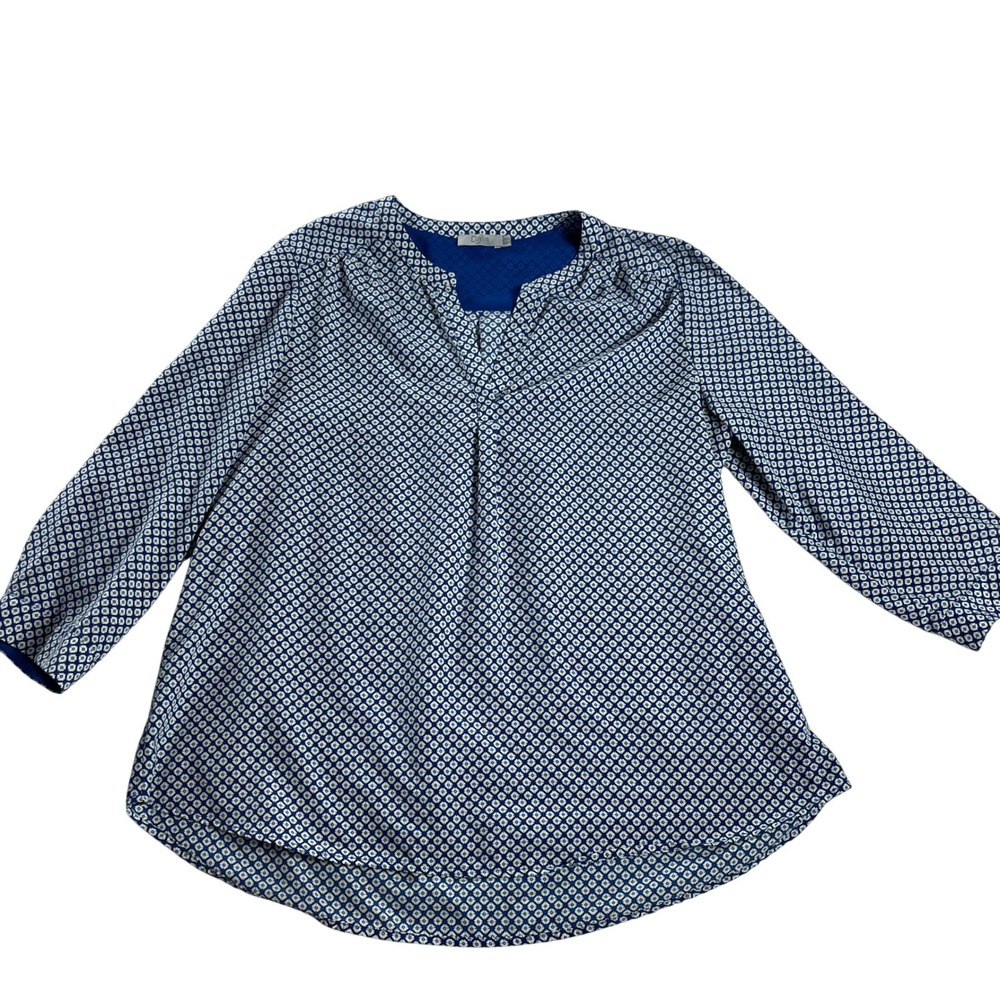 Dalia Blue Geometric Blouse XL 3/4 Sleeve High Low Minimalist